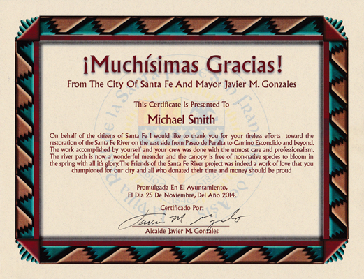 The Certificate to Michael Smith from the Mayor of Santa Fe